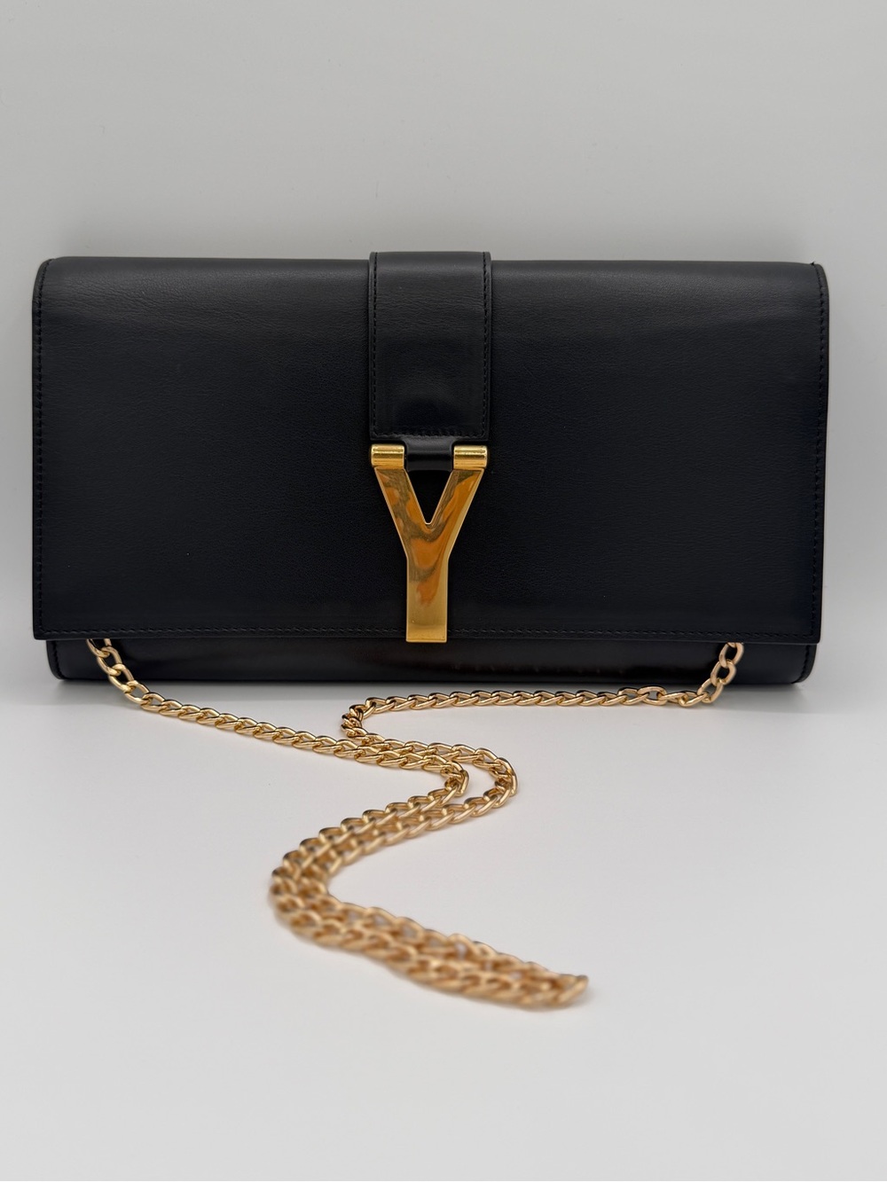 Saint Laurent YSL Chyc Y Clutch Black Leather Gold Tone Hardware